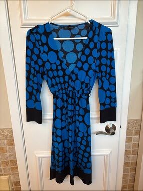 INC Blue and Black Polka Dot V-Neck Dress